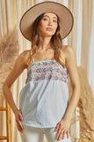 GEOMETIC EMBORIDERY STRIPPED PATTERN SLEEVELESS TOP - LIGHT BLUE