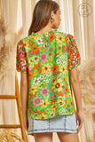 RUFFLED NECKLINE FLORAL PRINTED TOP - KELLY GREEN