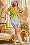 RUFFLED NECKLINE FLORAL PRINTED TOP - KELLY GREEN