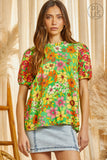 RUFFLED NECKLINE FLORAL PRINTED TOP - KELLY GREEN