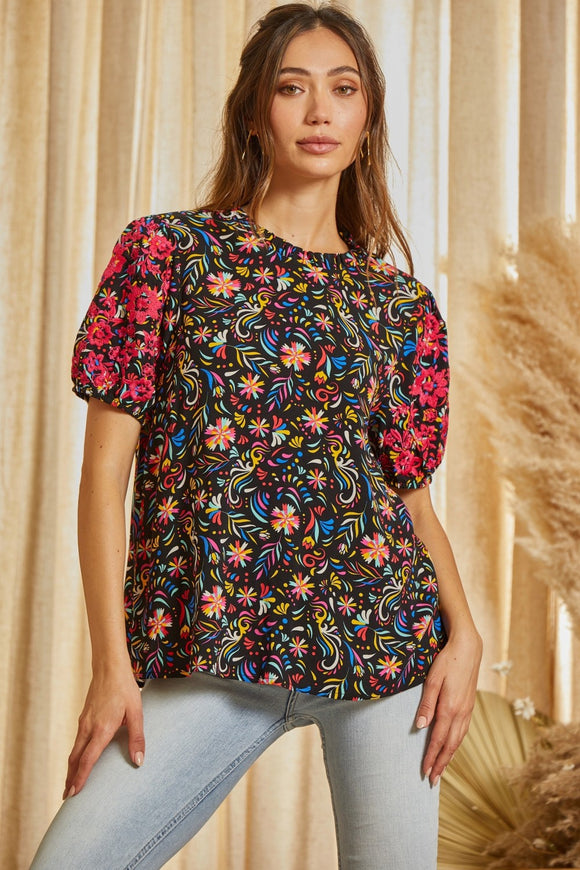 FLORAL PRINT EMBROIDERED PUFF SLEEVE TOP - BLACK MULTI