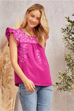FLORAL PRINT TUNIC EMBROIDERY TOP - MAGENTA