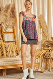 FLORAL PRINT EMBROIDERY TOP - BLACK MULTI COLOR