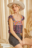 FLORAL PRINT EMBROIDERY TOP - BLACK MULTI COLOR