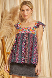 FLORAL PRINT EMBROIDERY TOP - BLACK MULTI COLOR