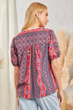 AZTEC PRINT FLORAL EMBROIDERY PUFF SLEEVE TOP - MULTI