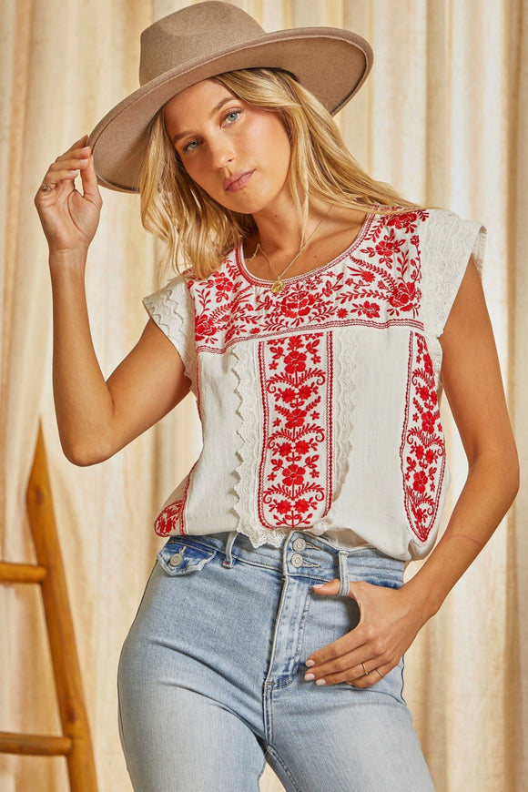 DOLMAN SLEEVES ROUND NECKLINE EMBROIDERY TOP - IVORY TOMATO RED