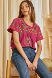 TUNIC FLORAL GEOMETRIC EMBROIDERY TOP - MAGENTA