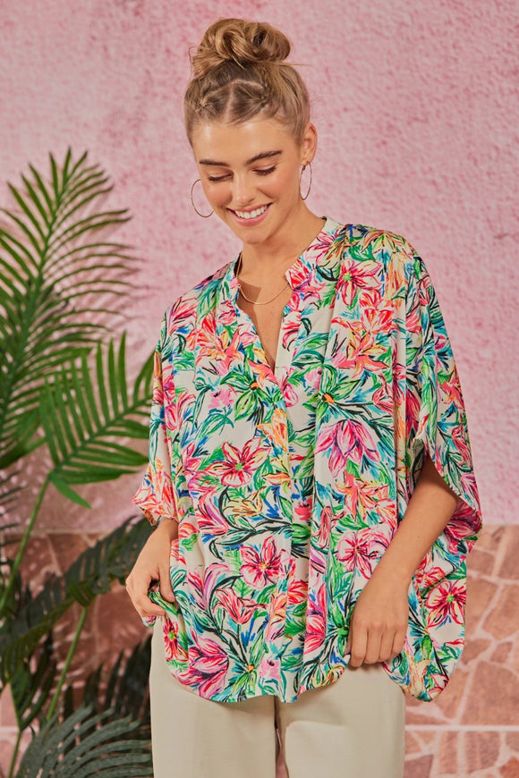 OVERSIZED PRINTED FLORAL TUNIC TOP - MUTLI COLOR