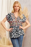 ANIMAL PRINT EMBROIDERY TOP - CHARCOAL