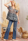 ANIMAL PRINT EMBROIDERY TOP - CHARCOAL