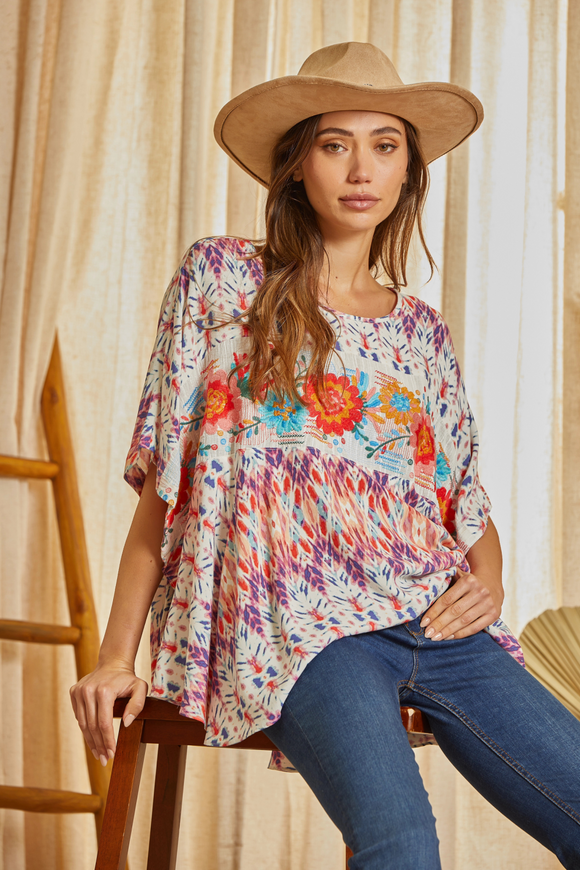 AZTEC PRINT EMBROIDERY PONCHO TOP - MULTI
