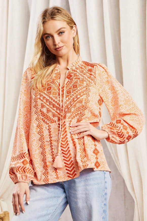 PRINTED TUNIC EMBROIDERY BOHO TOP - APRICOT