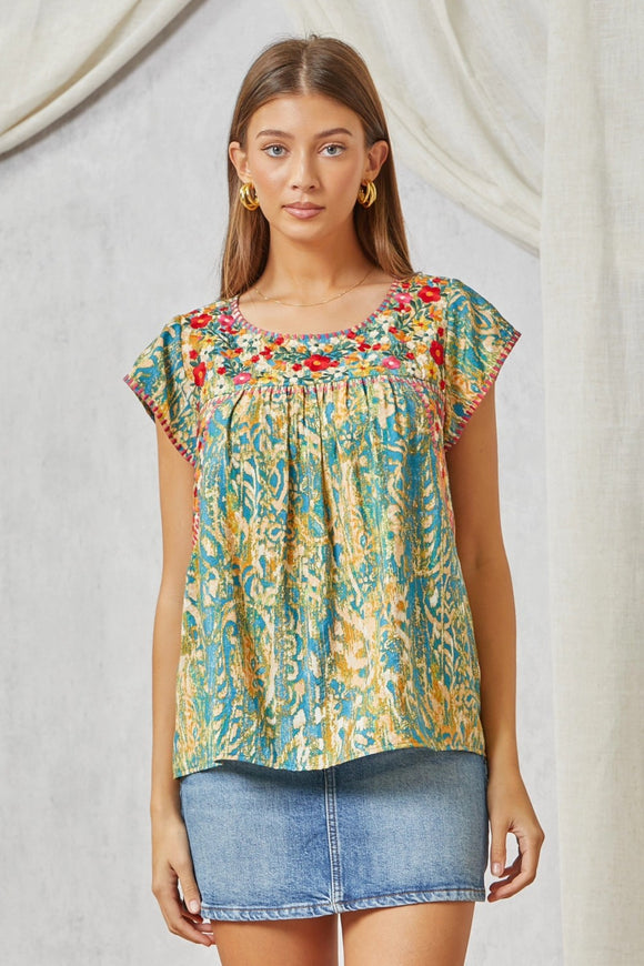 FLORAL PRINT EMBROIDERY DOLMAN SLEEVES ROUND NECKLINE TOP - TEAL MULTI  COLOR
