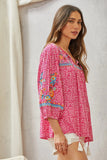 BABYDOLL PRINT EMBROIDERY TUNIC TOP - HOT PINK