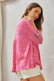 BABYDOLL PRINT EMBROIDERY TUNIC TOP - HOT PINK