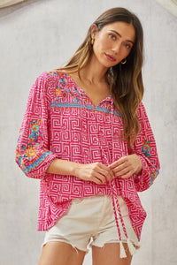 BABYDOLL PRINT EMBROIDERY TUNIC TOP - HOT PINK