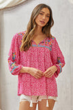 BABYDOLL PRINT EMBROIDERY TUNIC TOP - HOT PINK