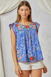 BABY DOLL EMBROIDERY FLORAL TOP - ROYAL