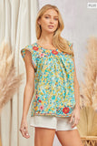 BABYDOLL SILHOUETTE EMBROIDERY TOP - TEAL MULTI