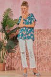 V NECKLINE DOLMAN SLEEVE PRINTED TOP - TEAL