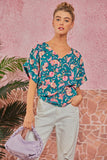 V NECKLINE DOLMAN SLEEVE PRINTED TOP - TEAL