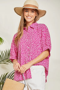 FLORAL PRINT COLAR NECK TOP - PINK