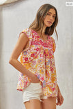 ROUND NECKLINE EMBROIDERY TOP - MAGENTA MULTI