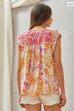 ROUND NECKLINE EMBROIDERY TOP - MAGENTA MULTI