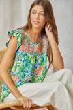 BABY DOLL FLORAL PRINT EMBROIDERY TOP - ROYAL BLUE EMERALD