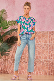 ROUND NECKLINE FLORAL PRINT TUNIC TOP - ROYAL BLUE