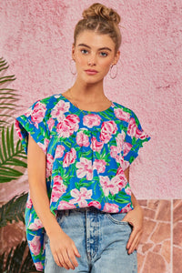 ROUND NECKLINE FLORAL PRINT TUNIC TOP - ROYAL BLUE