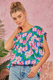ROUND NECKLINE FLORAL PRINT TUNIC TOP - ROYAL BLUE