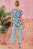 ROUND NECKLINE FLORAL PRINT TUNIC TOP - ROYAL BLUE