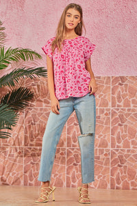 ROUND NECKLINE LEOPARD PRINT TUNIC TOP - PINK
