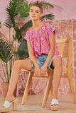 PRINTED TUNIC ROUND NECKLINE TOP - HOT PINK