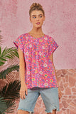 PRINTED TUNIC ROUND NECKLINE TOP - HOT PINK