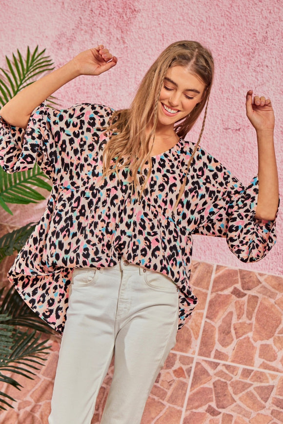 V NECKLINE BABYDOLL LEOPARD PRINT TOP - BLUSH MULTI COLOR