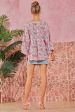 V NECKLINE FLORAL PRINT BABYDOLL TOP - BLUSH MULTI COLOR
