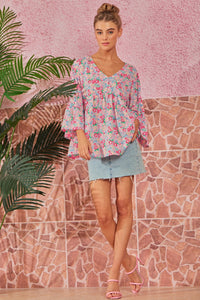 V NECKLINE FLORAL PRINT BABYDOLL TOP - BLUSH MULTI COLOR