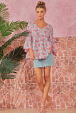 V NECKLINE FLORAL PRINT BABYDOLL TOP - BLUSH MULTI COLOR