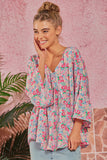 V NECKLINE FLORAL PRINT BABYDOLL TOP - BLUSH MULTI COLOR