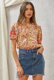 PUFF SLEEVES WITH RUFFLE NECK EMBROIDERY TOP - IVORY MULTI
