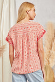 TONAL EMBROIDERY PRINTED TOP - RED MULTI