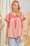 TONAL EMBROIDERY PRINTED TOP - RED MULTI