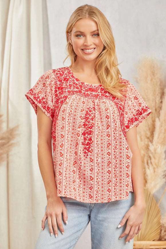 TONAL EMBROIDERY PRINTED TOP - RED MULTI