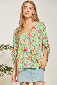 PRINTED PONCHO TUNIC 3/4 SLEEVE TOP - EMERALD MULTI COLOR