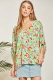 PRINTED PONCHO TUNIC 3/4 SLEEVE TOP - EMERALD MULTI COLOR