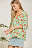PRINTED PONCHO TUNIC 3/4 SLEEVE TOP - EMERALD MULTI COLOR