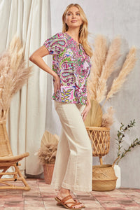 TWO TONE GEO EMBROIDERY PUFF SLEEVE TOP - LILAC